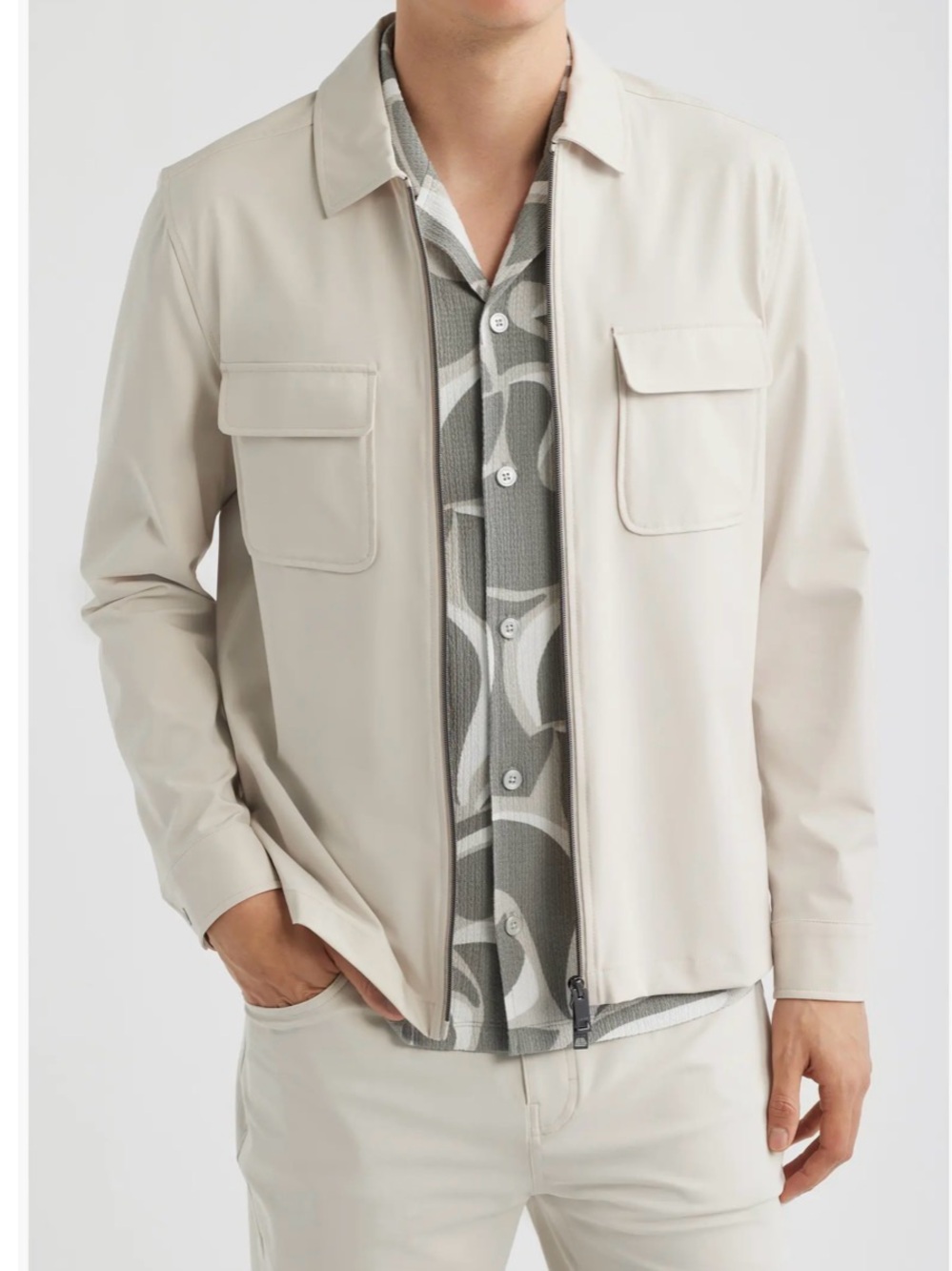 Reiss Ascend Zip-Up Shirt Jacket in Stone